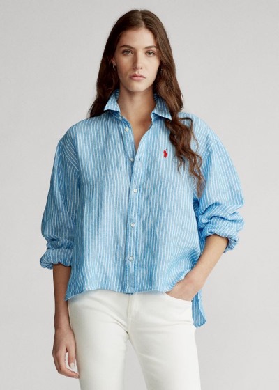 Camisa Polo Ralph Lauren Mujer Azules / Blancos - Striped Linen - IZGLC2681